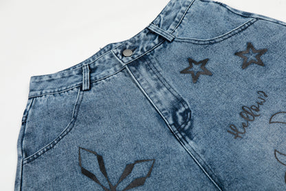 Hello Kitty Cross Star Graphic Wide Leg Denim Shorts High Waist Washed Y2K Streetwear Summer Shorts