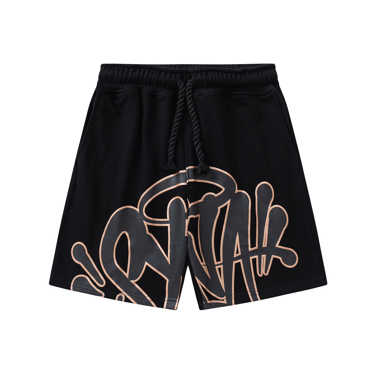 Black unisex graphic T-shirt and drawstring shorts set with outlined graffiti-style artwork - view 9