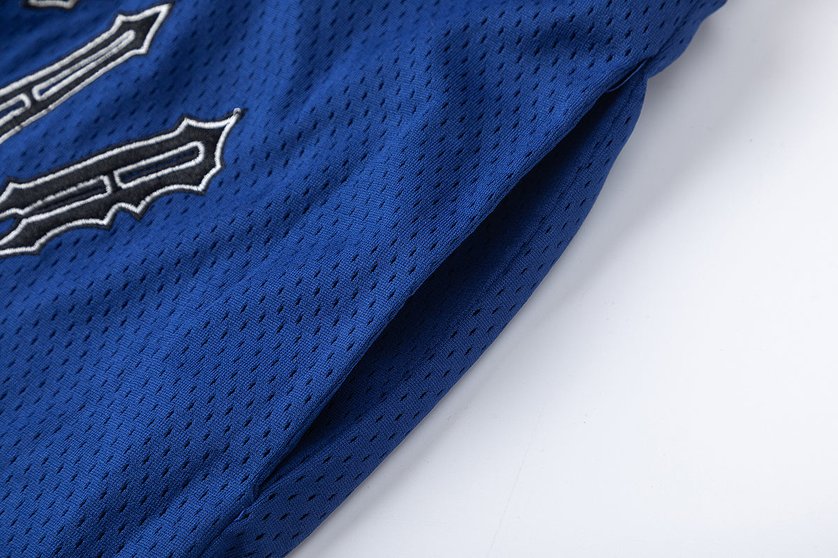 Blue graphic mesh basketball shorts with striped waistband and hem trim - view 9