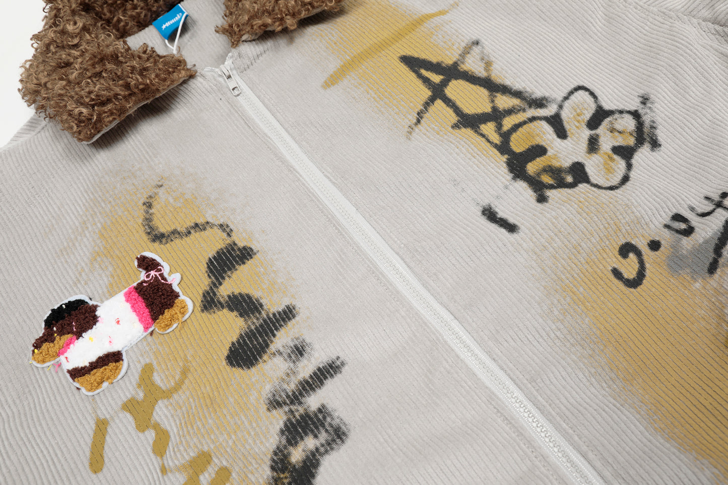 Seveers Graffiti Dog Patch Curly Fur Collar Corduroy Bomber Jacket Oversized Streetwear Y2K