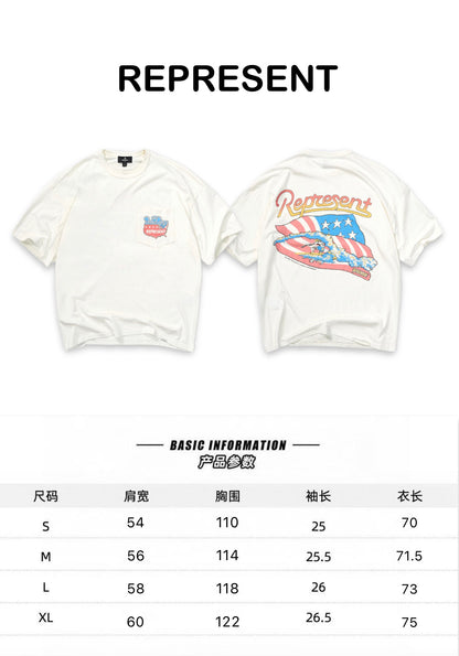 Represent Nothing Faster Boxy Graphic Tee Washed Heavyweight Pocket Surfer American Flag Print Vintage Streetwear T-Shirt | Wave Flag