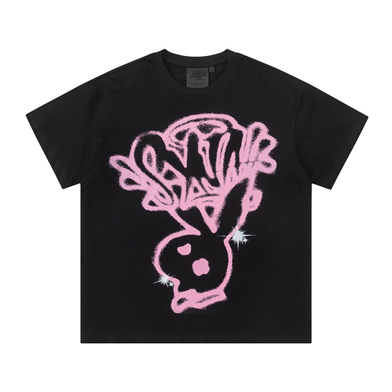 Black short sleeve graphic T-shirt with pink graffiti-style skull print - view 9