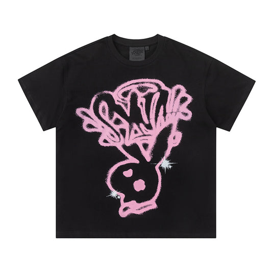Black short sleeve graphic T-shirt with pink graffiti-style skull print - view 9