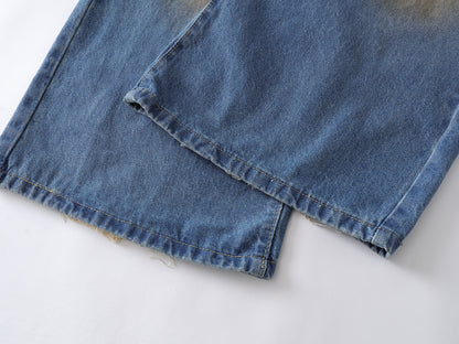 Distressed Patch Embroidered Wide Leg Jeans High Waist Light Wash Mud Dye Cross Stitch Streetwear Denim Trousers | Patch Cross