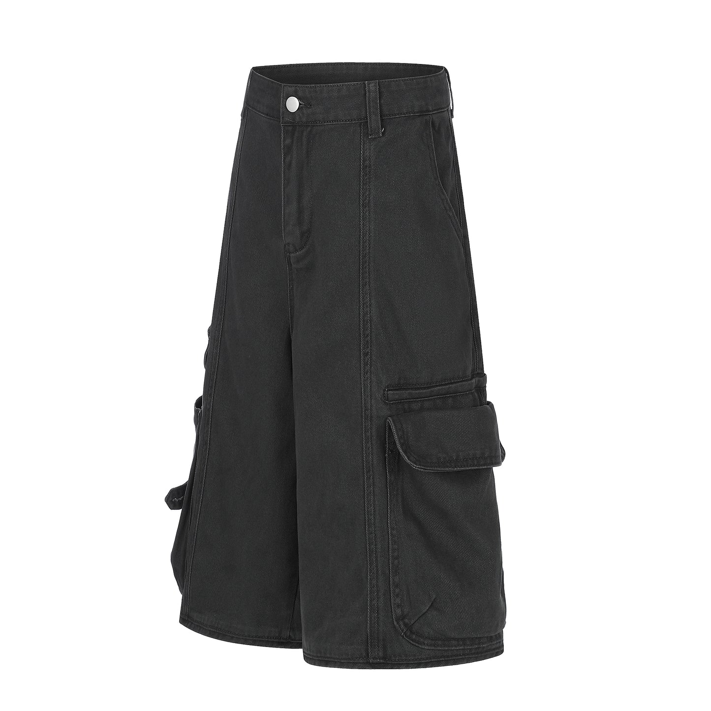 Women's Multi-Pocket Cargo Wide Leg Denim Shorts High Waist Contrast Stitch Casual Streetwear Jean Shorts