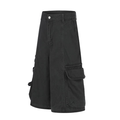 Women's Multi-Pocket Cargo Wide Leg Denim Shorts High Waist Contrast Stitch Casual Streetwear Jean Shorts
