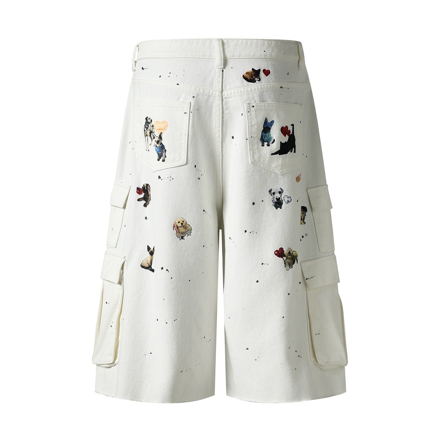 Dog Graphic Paint Splatter Cargo Denim Shorts Wide Leg High Waist Washed Multi-Pocket Streetwear Summer Casual Jean Shorts | Pup Cargo