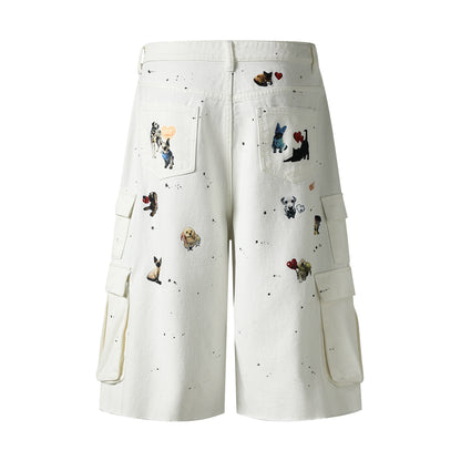 Dog Graphic Paint Splatter Cargo Denim Shorts Wide Leg High Waist Washed Multi-Pocket Streetwear Summer Casual Jean Shorts | Pup Cargo