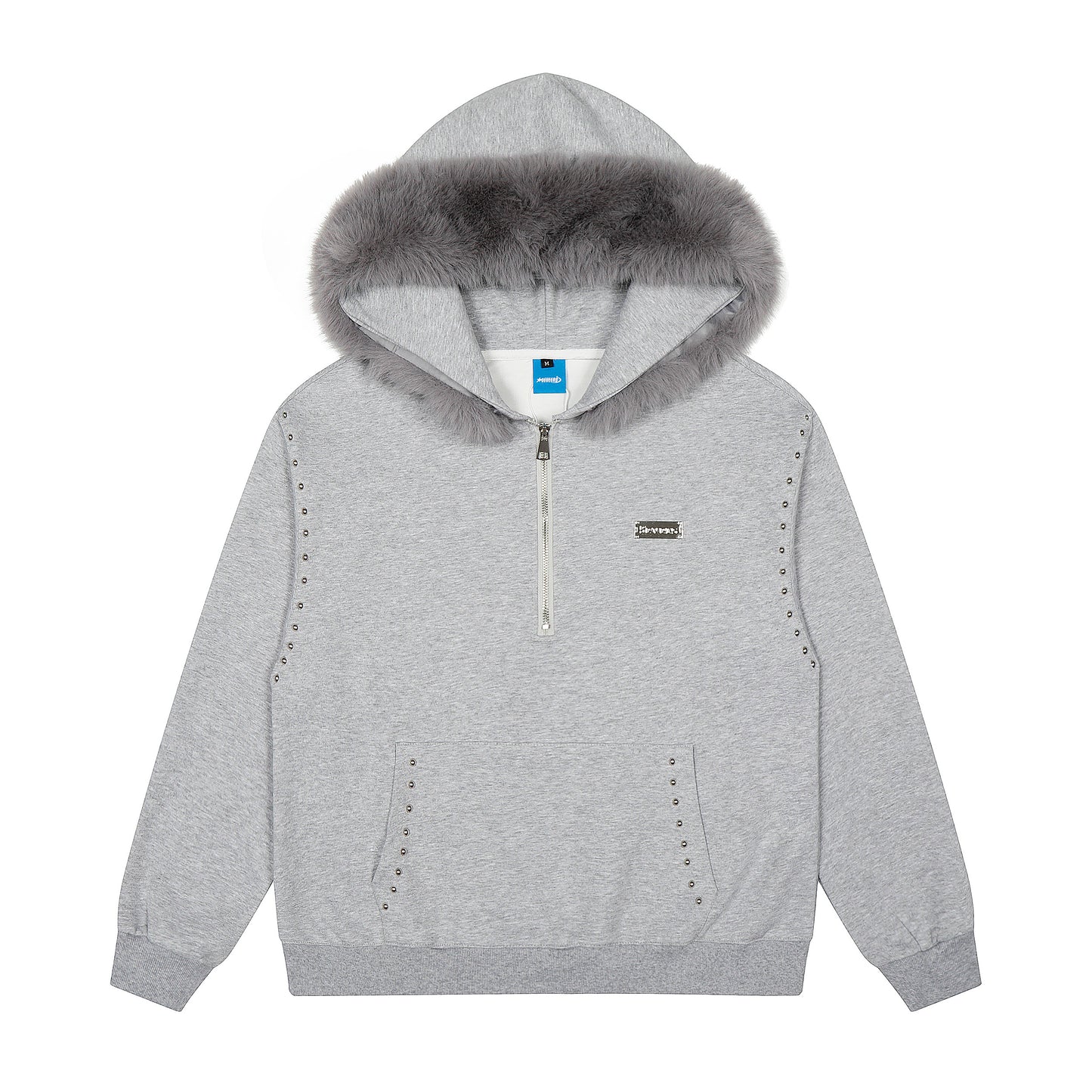 Faux Fur Hood Studded Half Zip Hoodie - Gray Front