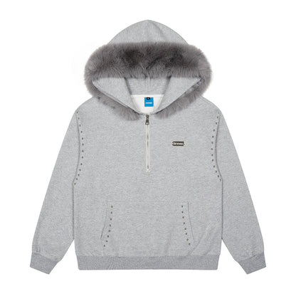 Faux Fur Hood Trim Studded Half Zip Hoodie Metal Badge Oversized Streetwear Y2K