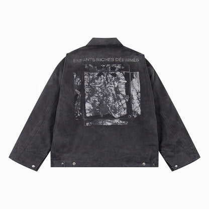 ERD Detroit Canvas Jacket Oversized Washed Denim Collar Zip Up Streetwear Coat Unisex Heavy Distressed | ERD Detroit