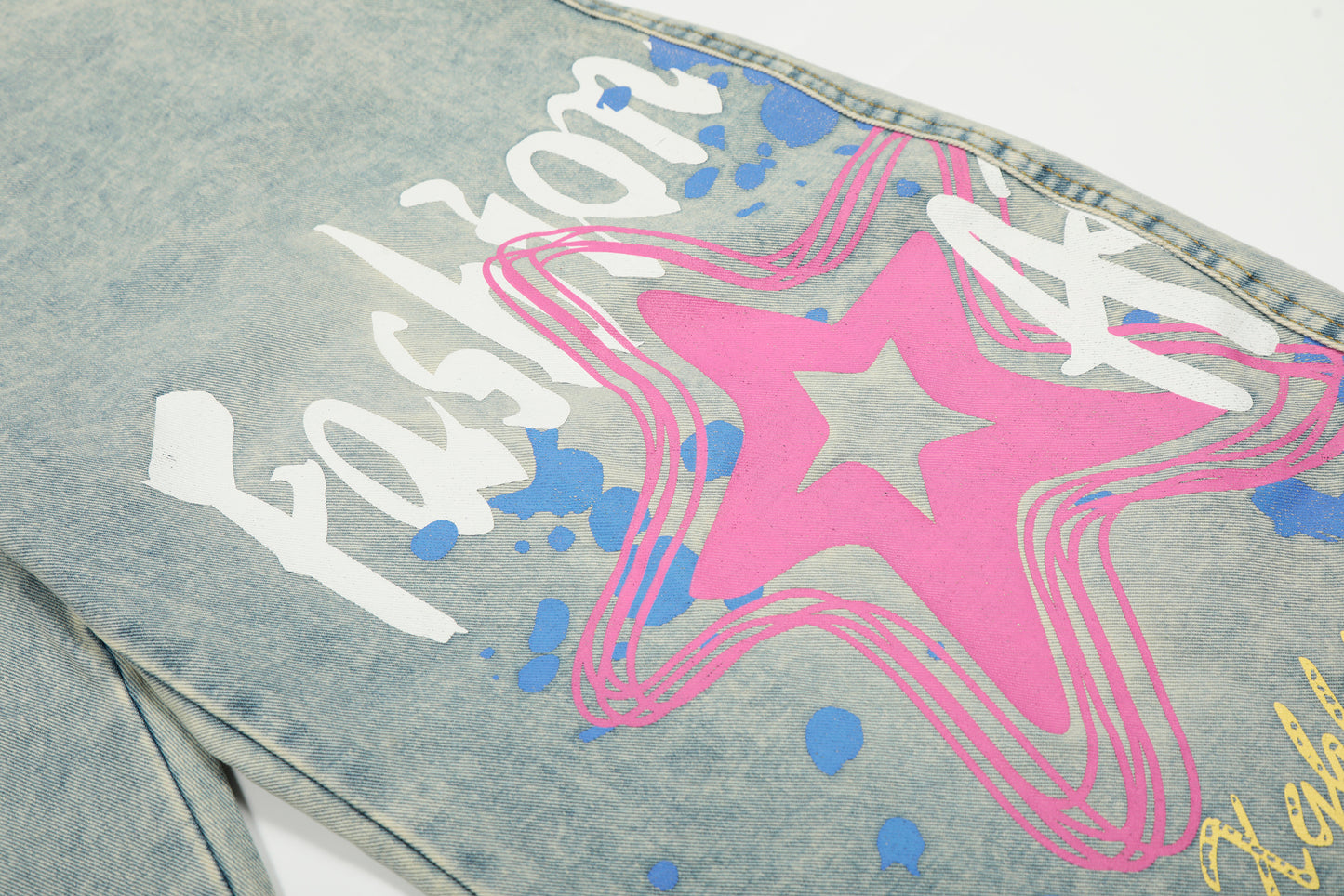 Star Graffiti Print Barrel Leg Jeans High Waist Washed Wide Leg Denim Streetwear Y2K Graphic Pants | Star Club