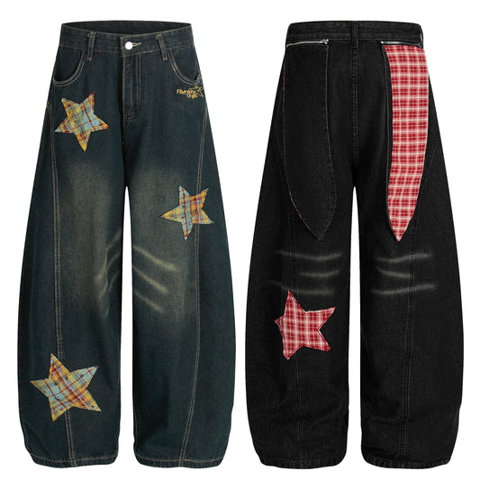 Women's Rvnteng Plaid Star Patch Balloon Wide Leg Denim Jeans - Black Front View