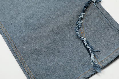 Dark Navy Waistband Raw Edge Arc Cutout Patchwork Baggy Wide Leg Jeans Deconstructed Y2K