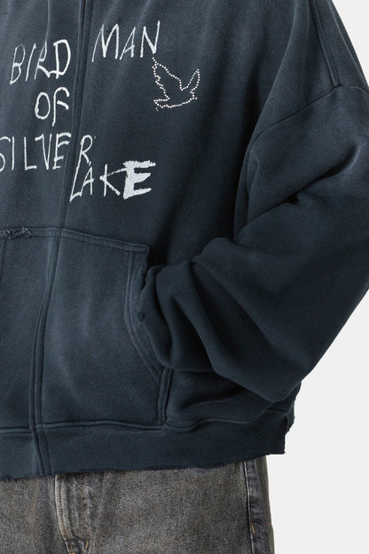 Paly Hollywood Birdman of Silver Lake Zip Hoodie Washed Distressed Heavyweight Cotton Oversized Zip-Up Streetwear Sweatshirt | Silver Lake