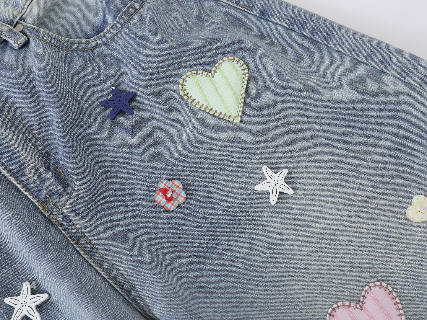 Heart Star Embroidery Patch Wide Leg Jeans Kawaii Colorful Applique High Waist Baggy Denim Pants Streetwear Barrel Trousers | Heart Scatter