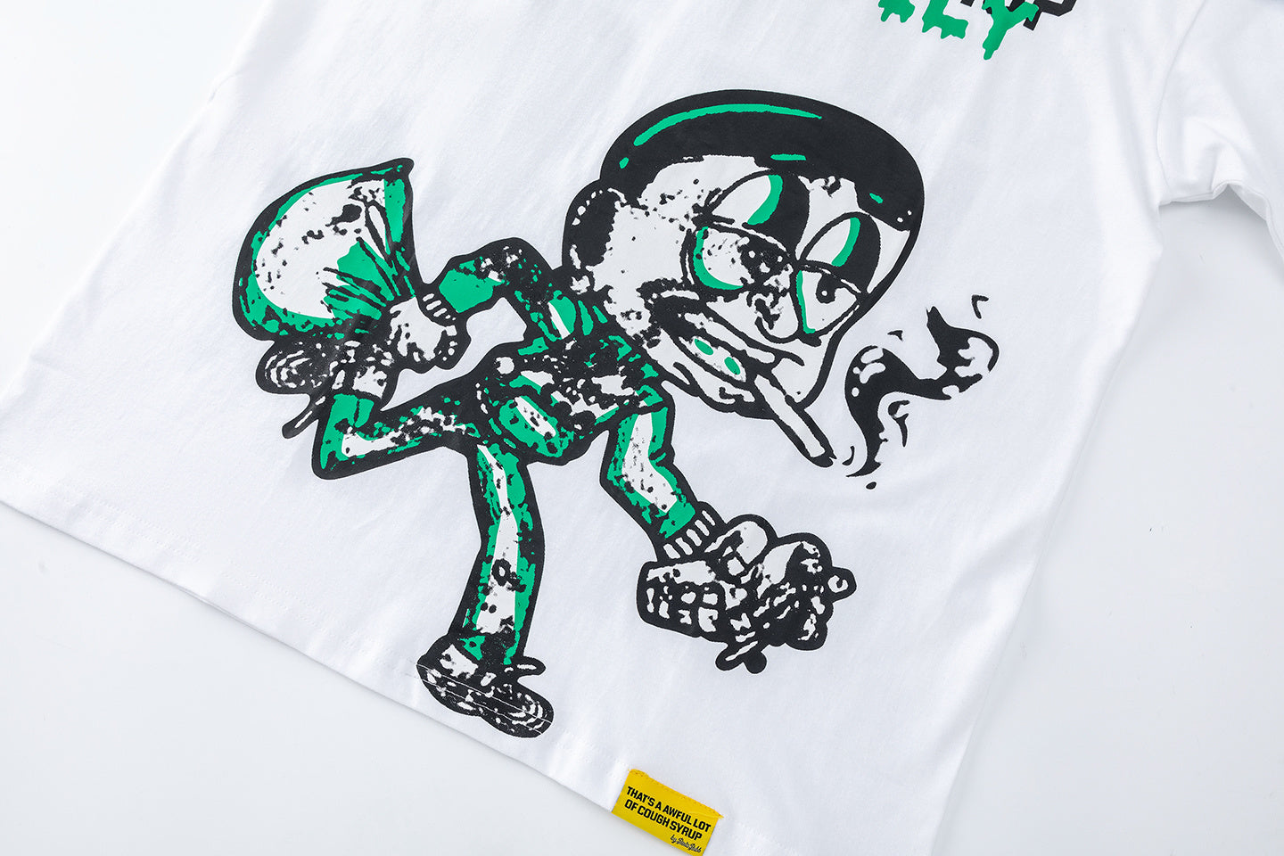 Black and white unisex graphic T-shirts with bold green Chiefln Heavy lettering and cartoon artwork - view 9