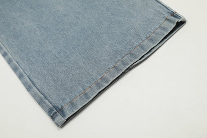 Plaid Bow Tie Side Leg Cutout Wide Leg Jeans Heart Wash High Waist Straight Denim Y2K Cute