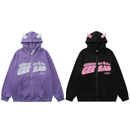 GEESAS San Diego Devil Horn Zip-Up Fleece Hoodie Oversized Streetwear Y2K Grunge Warm Winter Pullover Sweatshirt | Devil Horn