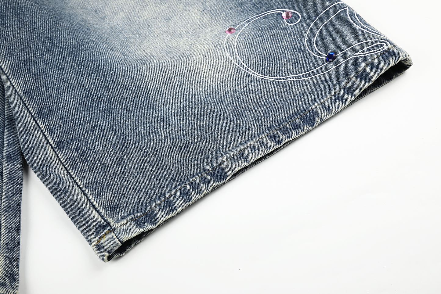 Women's Script Embroidery Rhinestone Wide Leg Denim Shorts High Waist Washed Casual Streetwear Jean Shorts