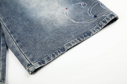Women's Script Embroidery Rhinestone Wide Leg Denim Shorts High Waist Washed Casual Streetwear Jean Shorts