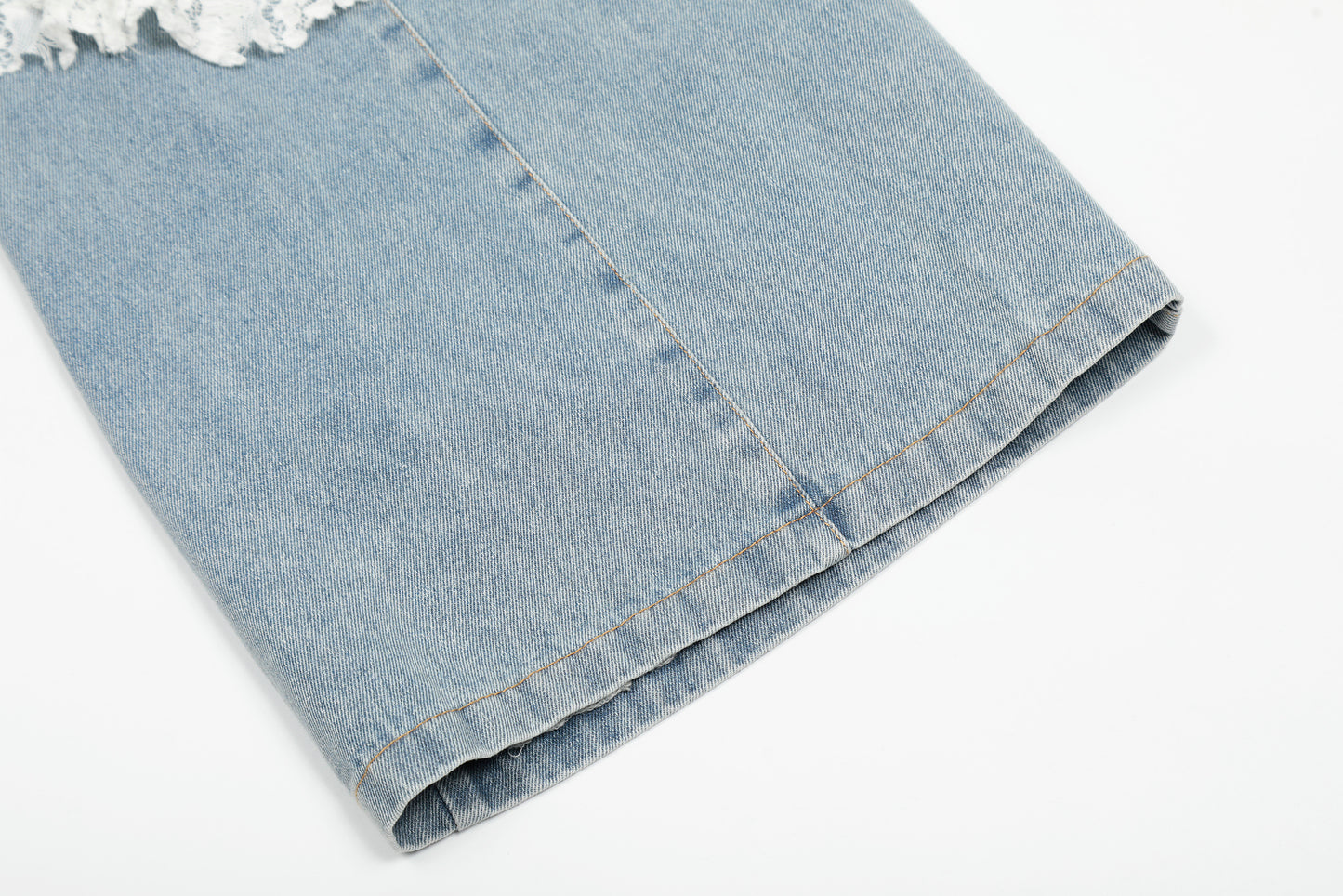 White Lace Crochet Patchwork Wide Leg Jeans Asymmetric Tie Waist Light Wash Denim Romantic Y2K