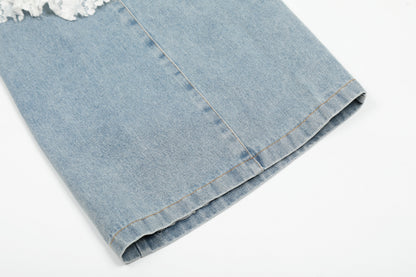 White Lace Crochet Patchwork Wide Leg Jeans Asymmetric Tie Waist Light Wash Denim Romantic Y2K