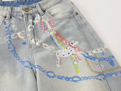 Graphic Chain Print Wide Leg Baggy Jeans Washed Denim High Waist Streetwear Y2K Casual Pants