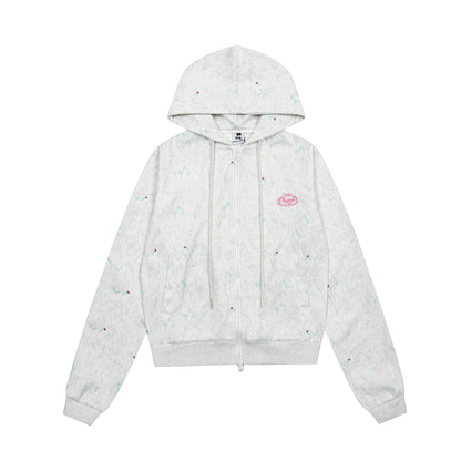 Women's Rvnteng Oval Logo Scattered Floral Embroidery Full Zip Hoodie Sweatshirt Long Sleeve Casual Streetwear Jacket