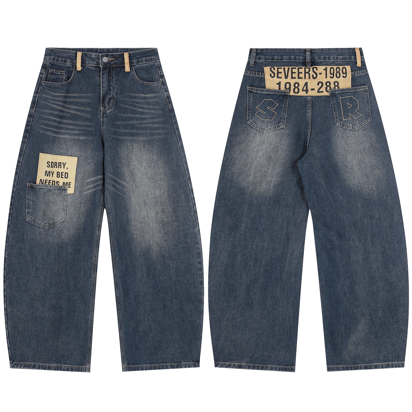 Sorry My Bed Needs Me Patch Wide Leg Barrel Jeans - Back Detail