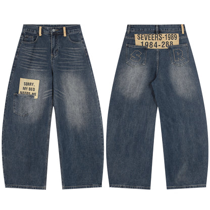 Sorry My Bed Needs Me Patch Wide Leg Barrel Jeans High Waist Washed Vintage Streetwear Denim Pants