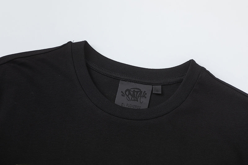 Men's black crew neck short sleeve graphic T-shirt with yellow and white front print - view 9
