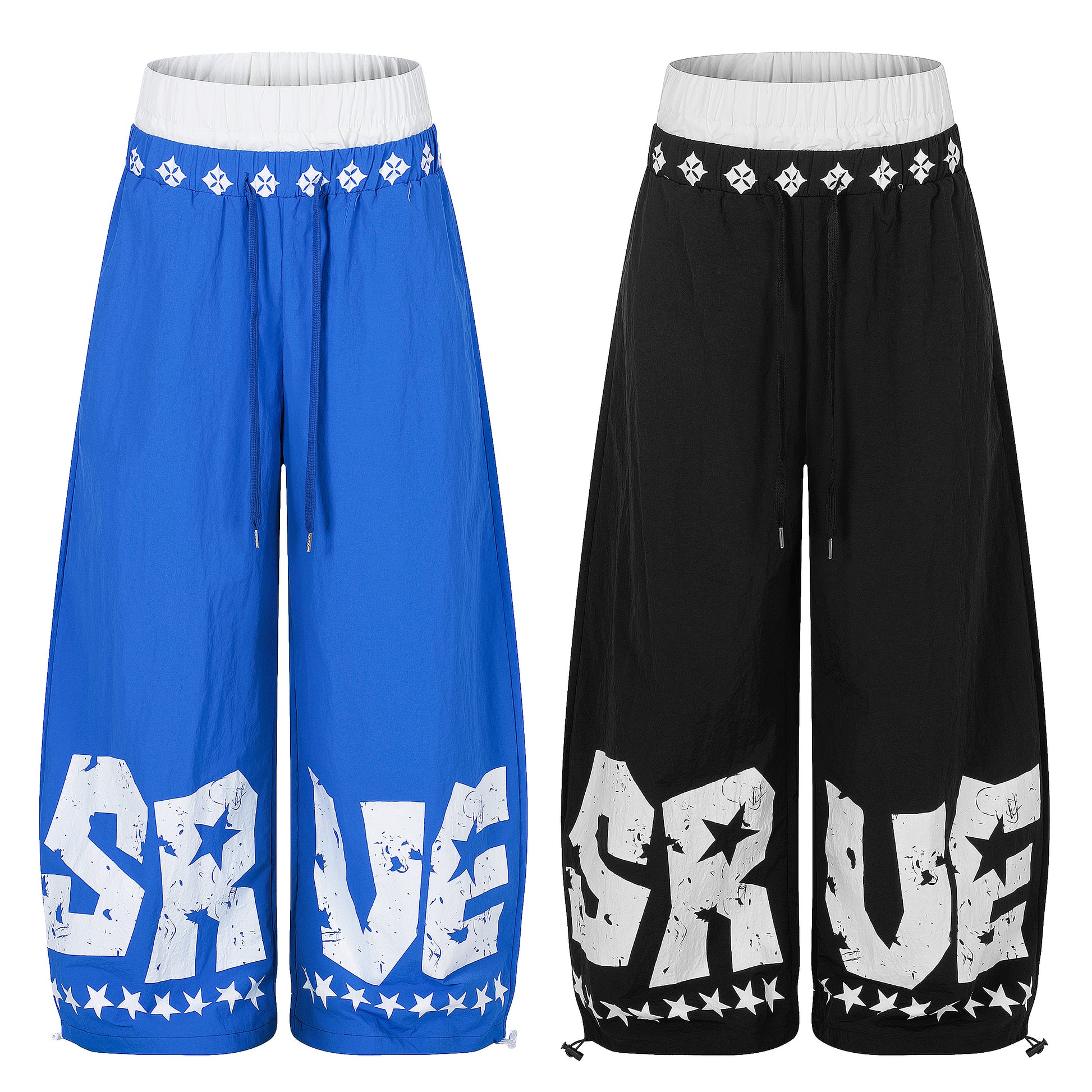 SRVE Letter Star Print Wide Leg Parachute Pants - Blue and Black