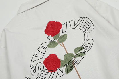 Oversized Rose Embroidery Coach Jacket Snap Button Crocodile Texture Streetwear Casual Fall Outerwear