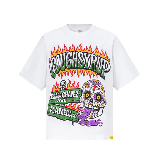 White graphic t-shirt with colorful flaming skull, street signs, and eagle back print - view 9