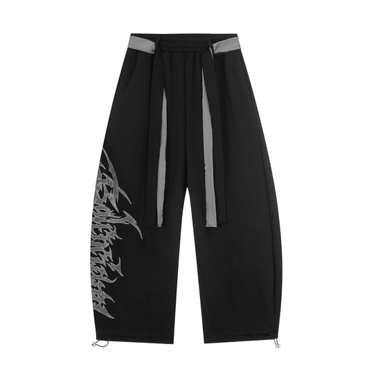 Gothic Flame Letter Print Wide Leg Pants - Black Front