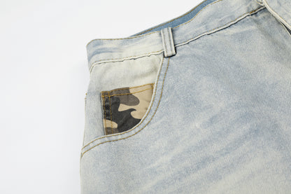 Women's Cross Rivet Camo Patch Wide Leg Denim Shorts High Waist Washed Streetwear RVNTENG Jean Shorts