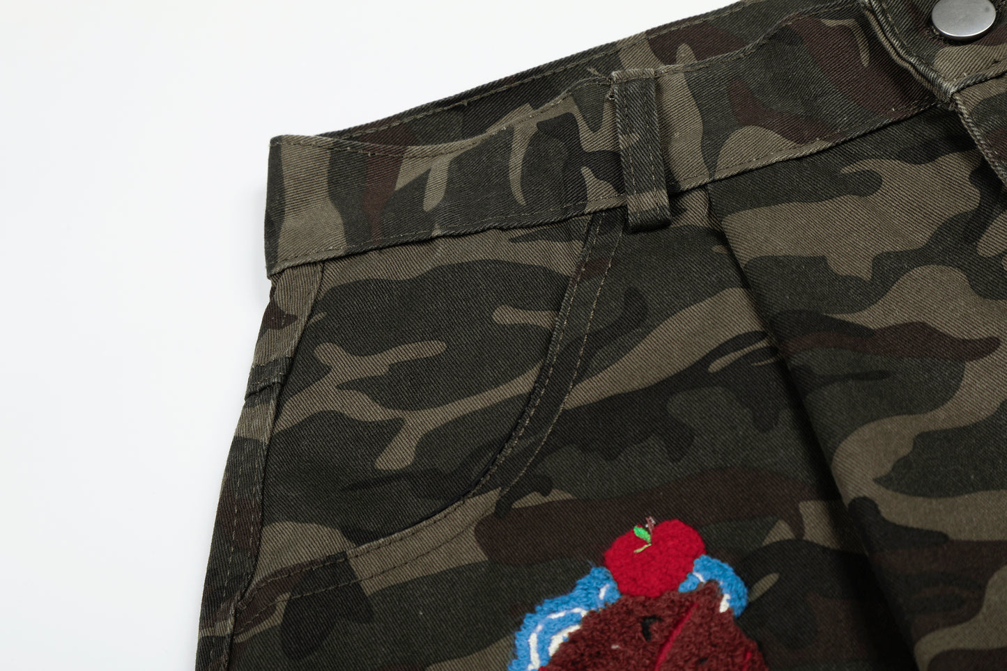 Women's Camo Multi Embroidery Wide Leg Shorts High Waist Cartoon Bear Cherry Apple Streetwear Bermuda Shorts