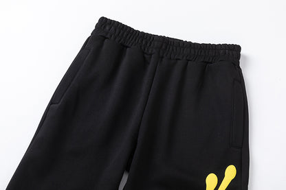 Black and Yellow Graphic Hoodie and Joggers Tracksuit Set, Kangaroo Pocket Two Piece Streetwear Outfit