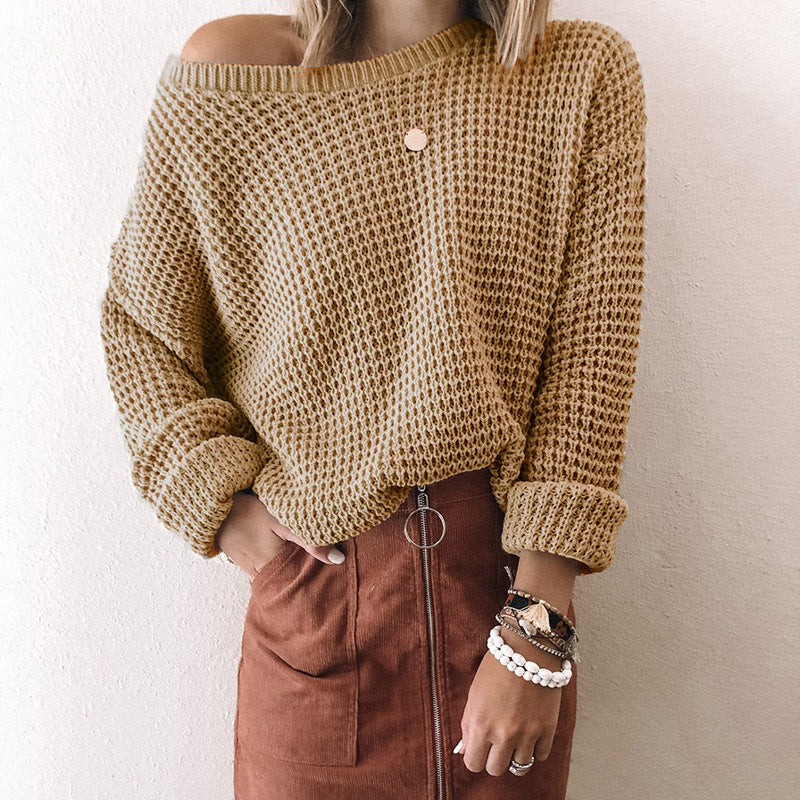 2023European and American New Sweater Women's Solid Color Loose Diagonal Collar Long-Sleeved Knitted Top Amazon Autumn and Winter Sweater