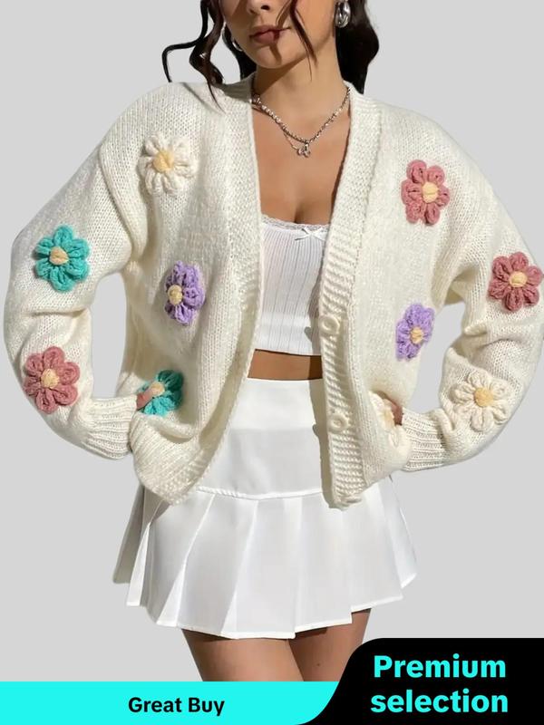 Women's 3D Floral Appliques Button Front Cardigan, Crochet Cardigan for Women, Fall Clothing Women, Casual Long Sleeve V Neck Knitwear for Fall & Winter, Going Out Top, Ladies Knit Clothing for Daily Wear, Cardigans for Women