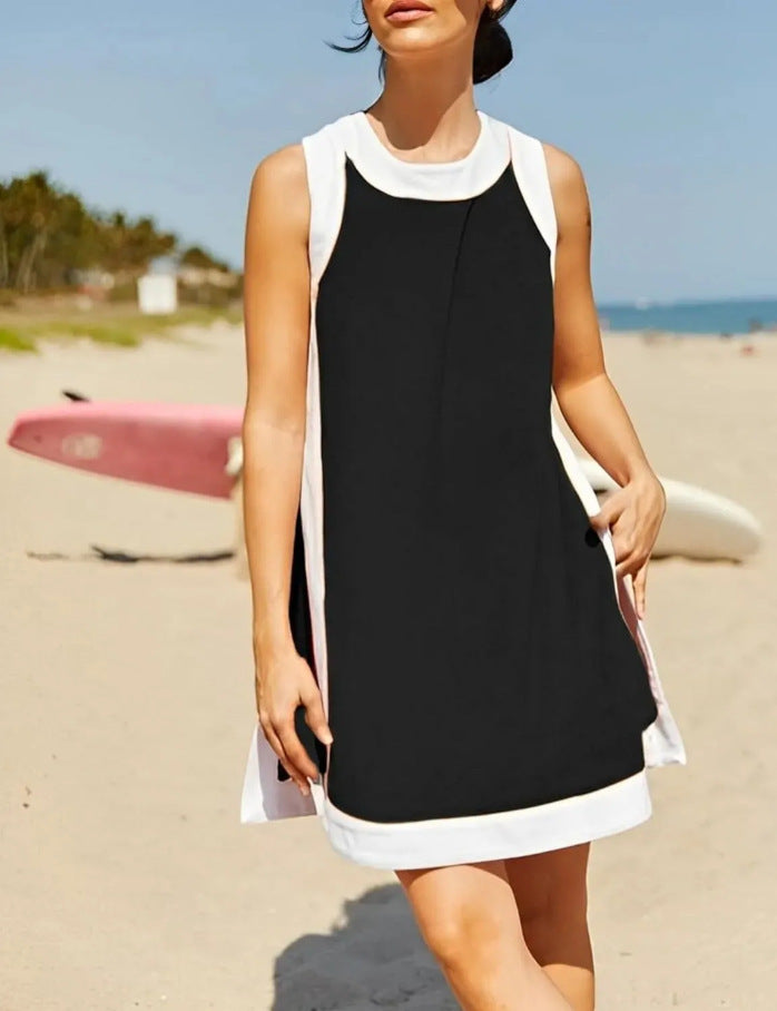 Women's Casual Two Piece Sets Color Block Crewneck Sleeveless Pullover Tops Matching Shorts With Pockets - Seldom Seen Styles