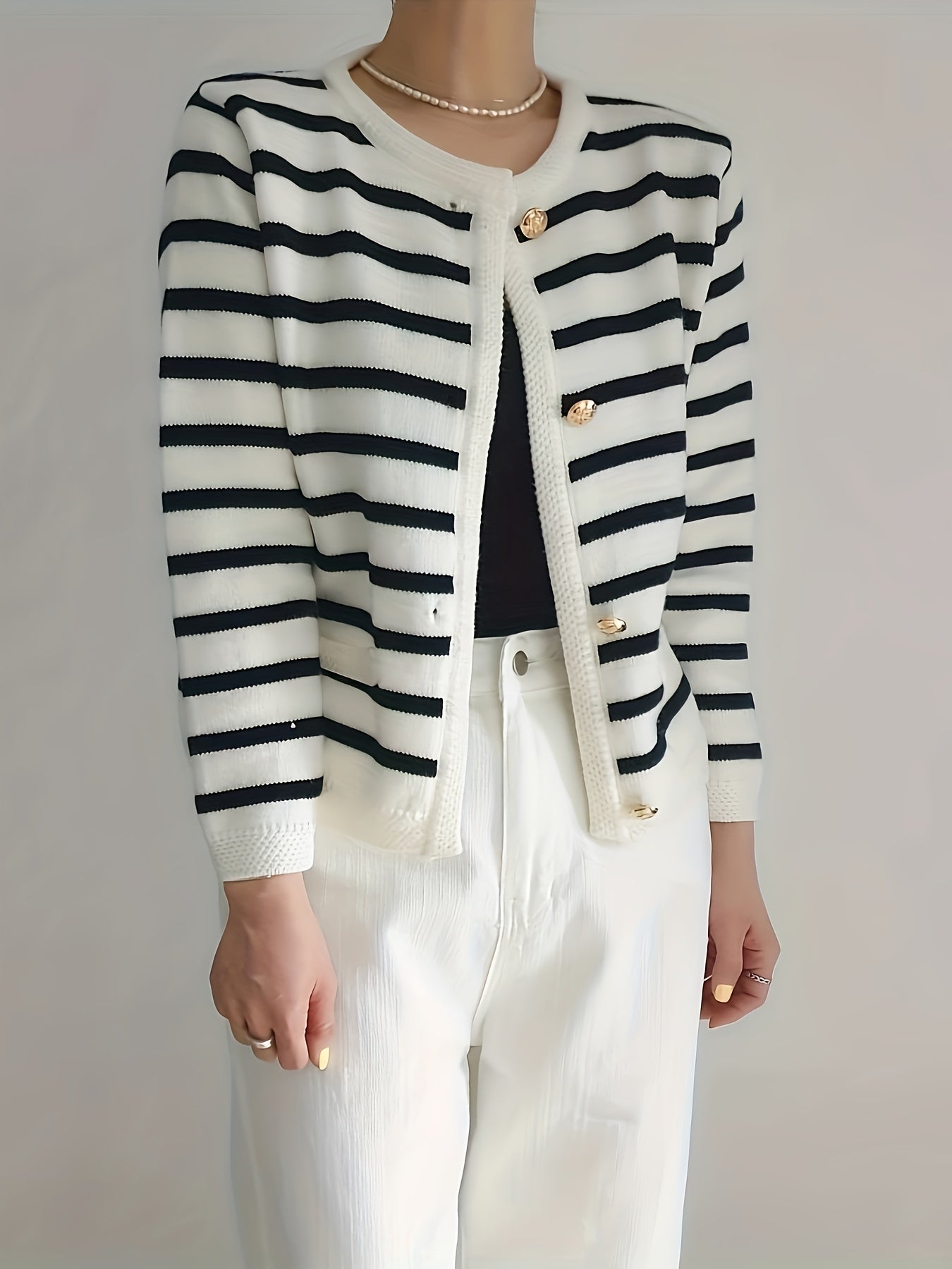 Stripe Pattern Button Front Cardigan, Chic Crew Neck Long Sleeve Cardigan For Fall & Winter, Women's Clothing