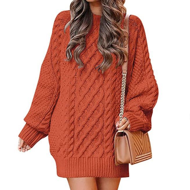 European and American Women's Clothing round Neck Long Sleeve Large Profile Twisted Knitted Thick Needle Pullover Mid-Length Warm Sweater for Women Dress