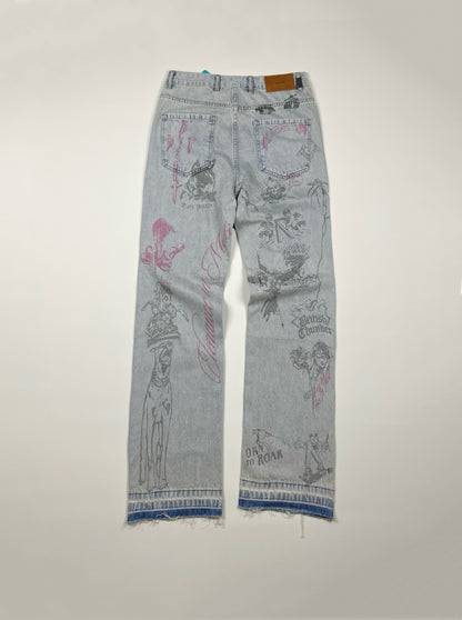 Represent Sketch Allover Print Wide Leg Jeans Heavy Washed Distressed Ripped Raw Hem Straight Denim | Rept Wide