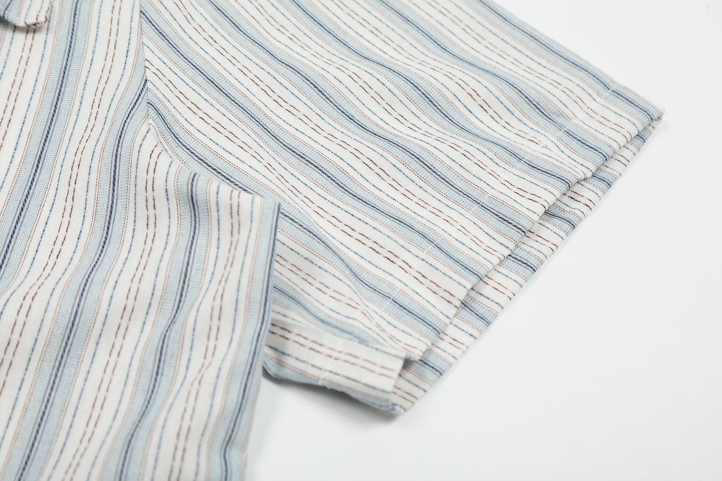 Stripe Fringe Collar Linen Cotton Short Sleeve Shirt Oversized Button Down Leather Buckle Detail Casual Summer Top | Fringe Stripe
