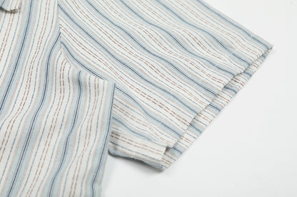 Stripe Fringe Collar Linen Cotton Short Sleeve Shirt Oversized Button Down Leather Buckle Detail Casual Summer Top | Fringe Stripe