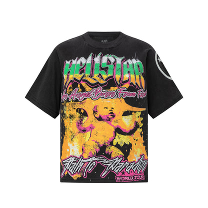 Flame Graphic Tee Pink Fire Angel Print Oversized Black Cotton Streetwear Casual Summer T-Shirt | Angel Fire