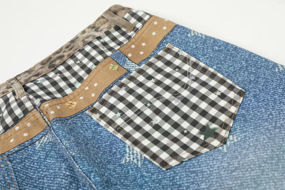 Women's Leopard Gingham Patchwork Star Print Number Embroidery High Waist Wide Leg Denim Shorts Y2K Streetwear Bermuda Jean Shorts