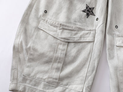 Star Patch Cargo Jeans Washed Distressed Wide Leg Denim Pants Multi Pocket Leopard Star Rivet Streetwear Baggy Trousers | Star Fog